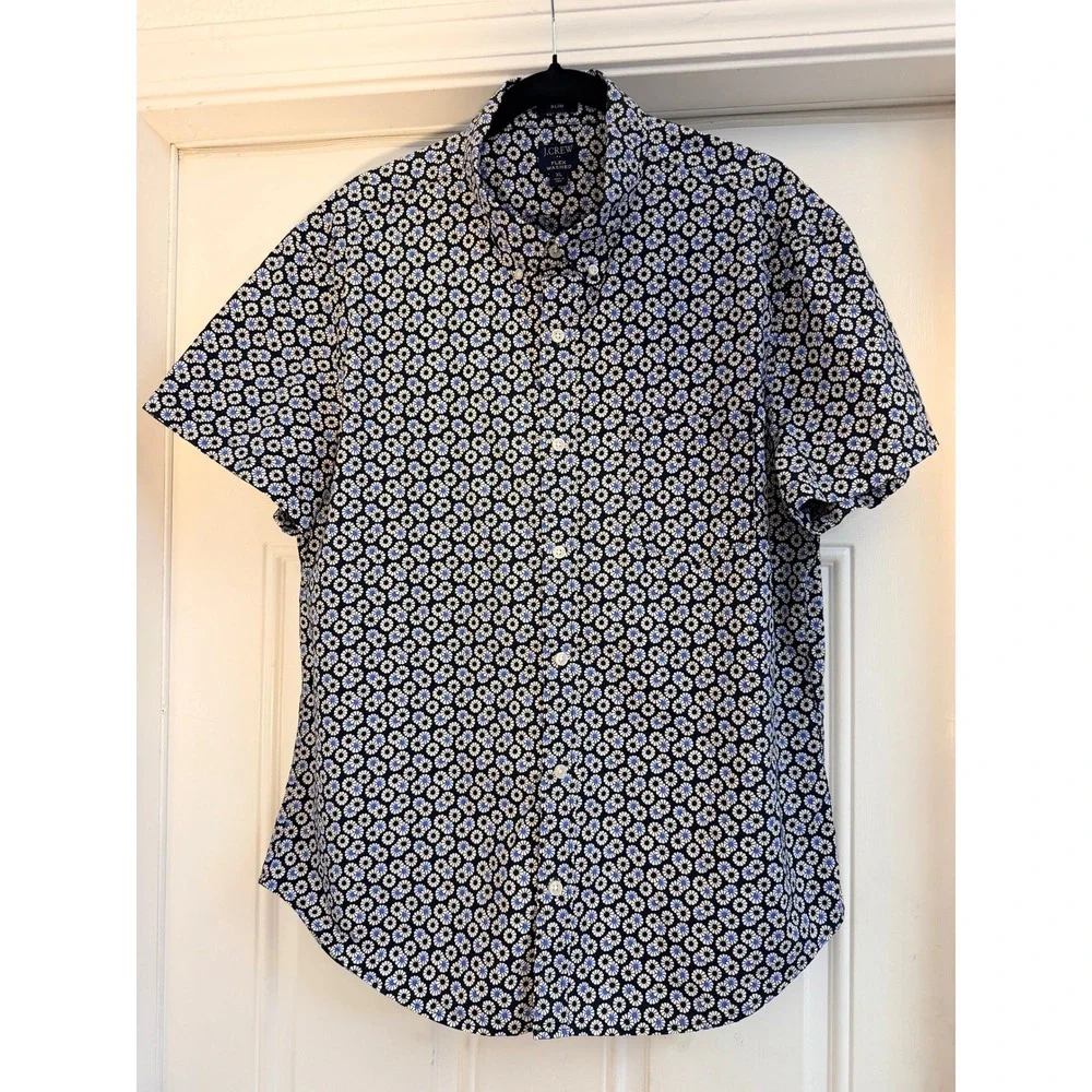 J.Crew Men's XL Slim Flex Washed Short Sleeve Button Down Shirt Blue Floral